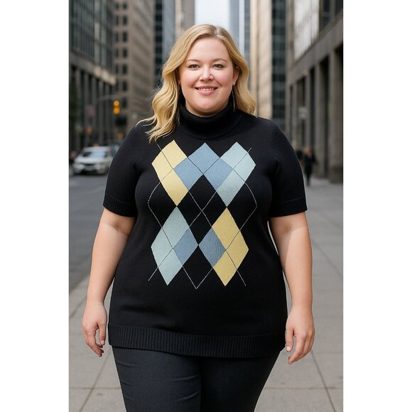 Liz & Me Sweaters - Womens Argyle Turtleneck Navy Sweater Short Sleeves - 4X - Careerwear, Preppy